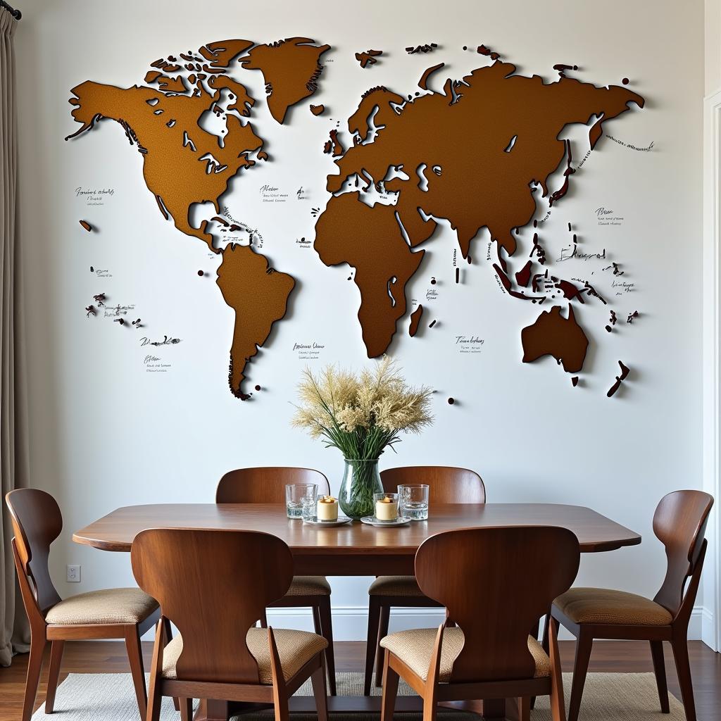 A vintage-style metal world map wall art displayed in a dining room