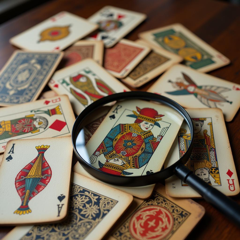 A collection of vintage playing cards displayed on a table