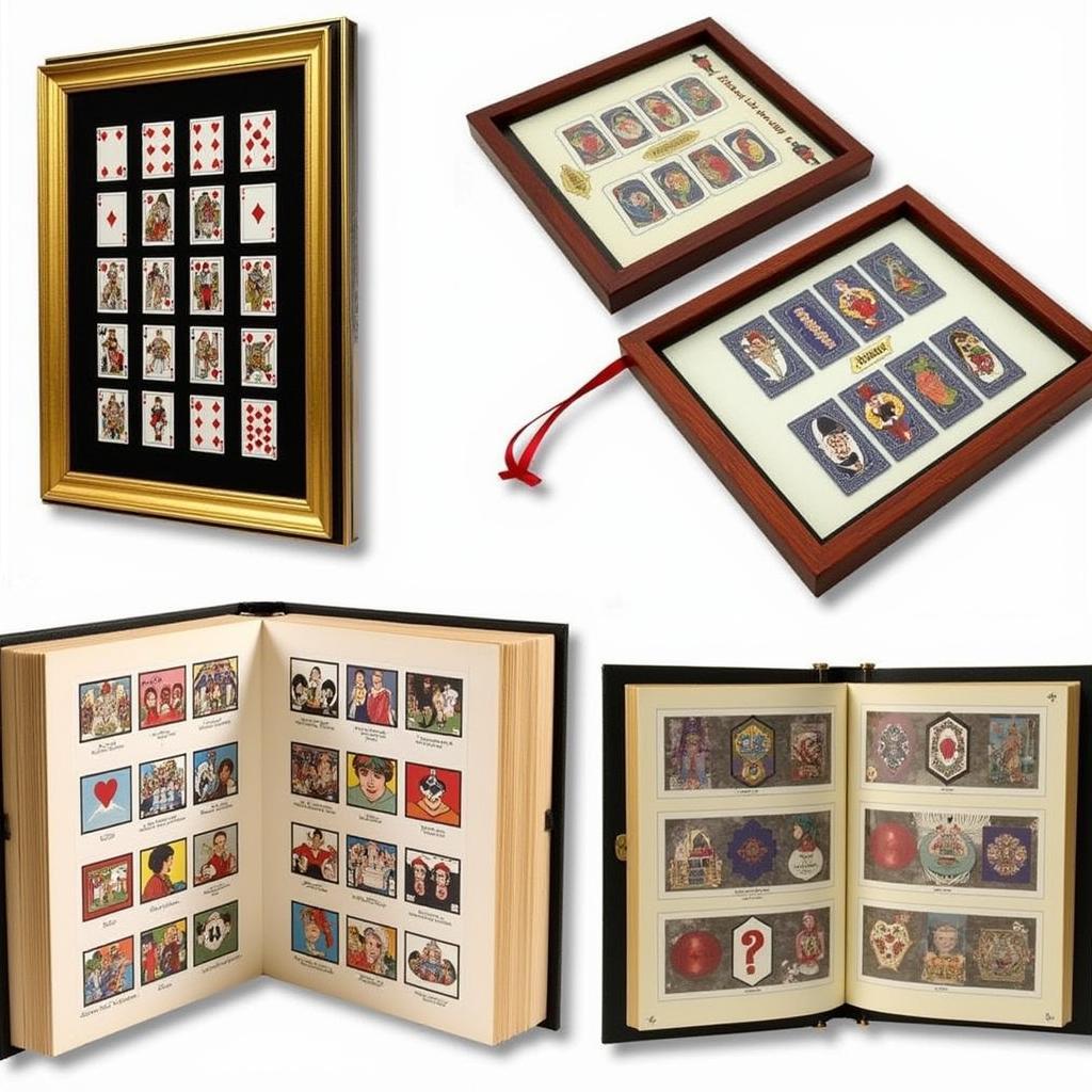 Various ways to display vintage playing cards, including frames and albums