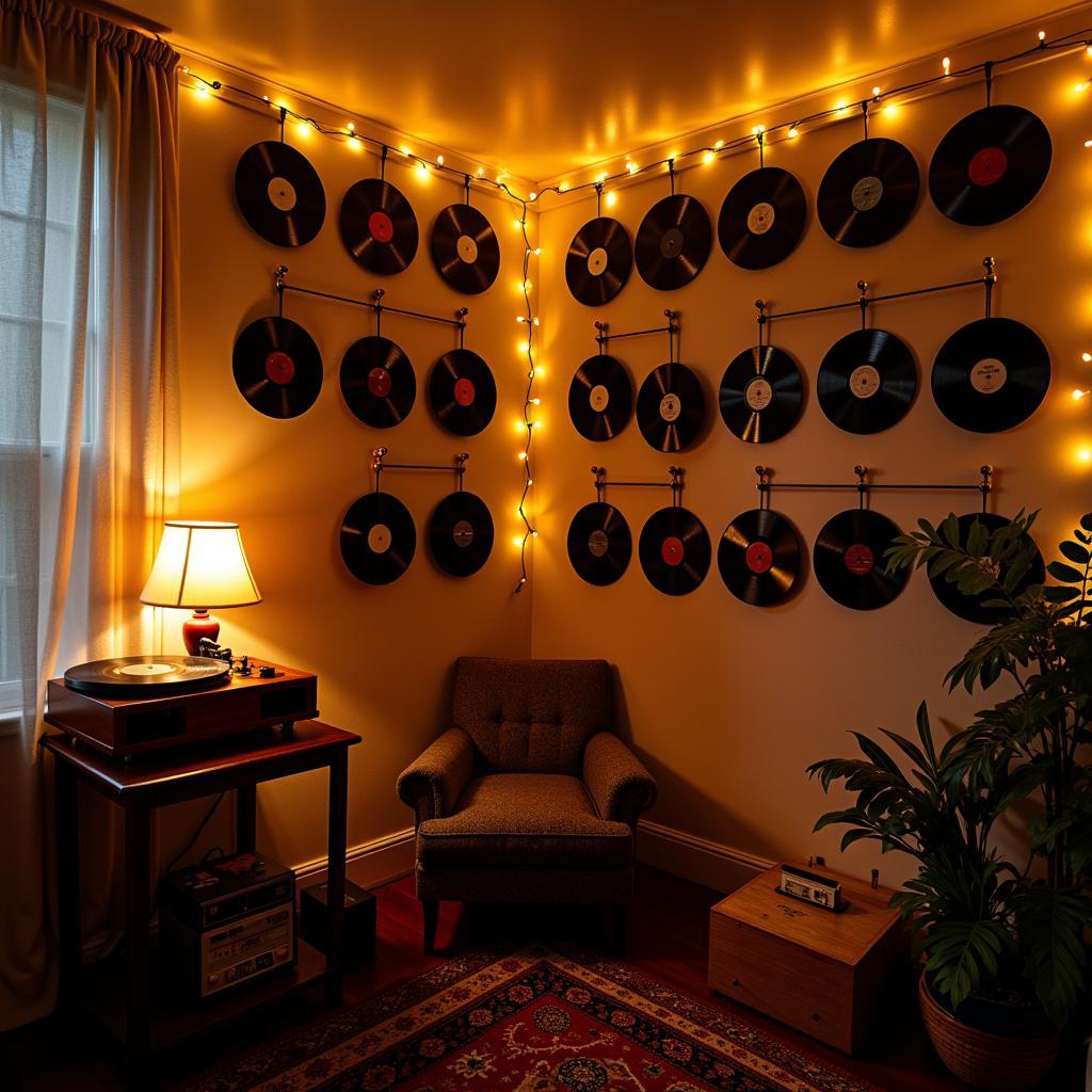 Vintage vinyl record wall art in a music room