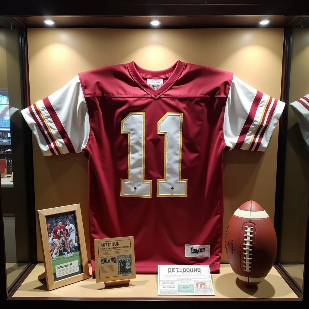 A vintage Washington Redskins Art Monk jersey displayed prominently in a glass case.