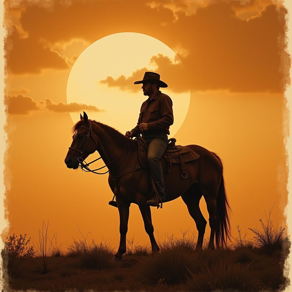 Vintage Western Art Print Depicting Cowboy and Horses