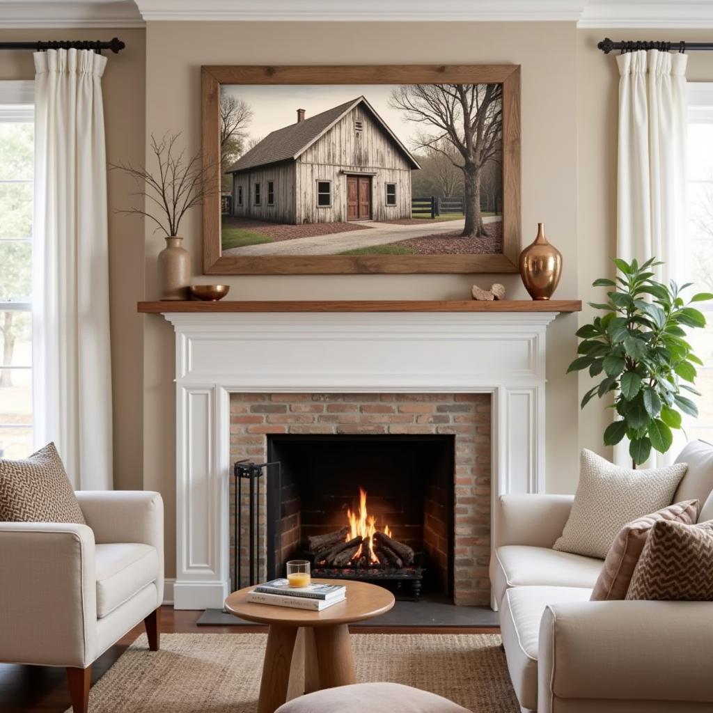 Vintage Wooden Wall Art in a Rustic Farmhouse Living Room