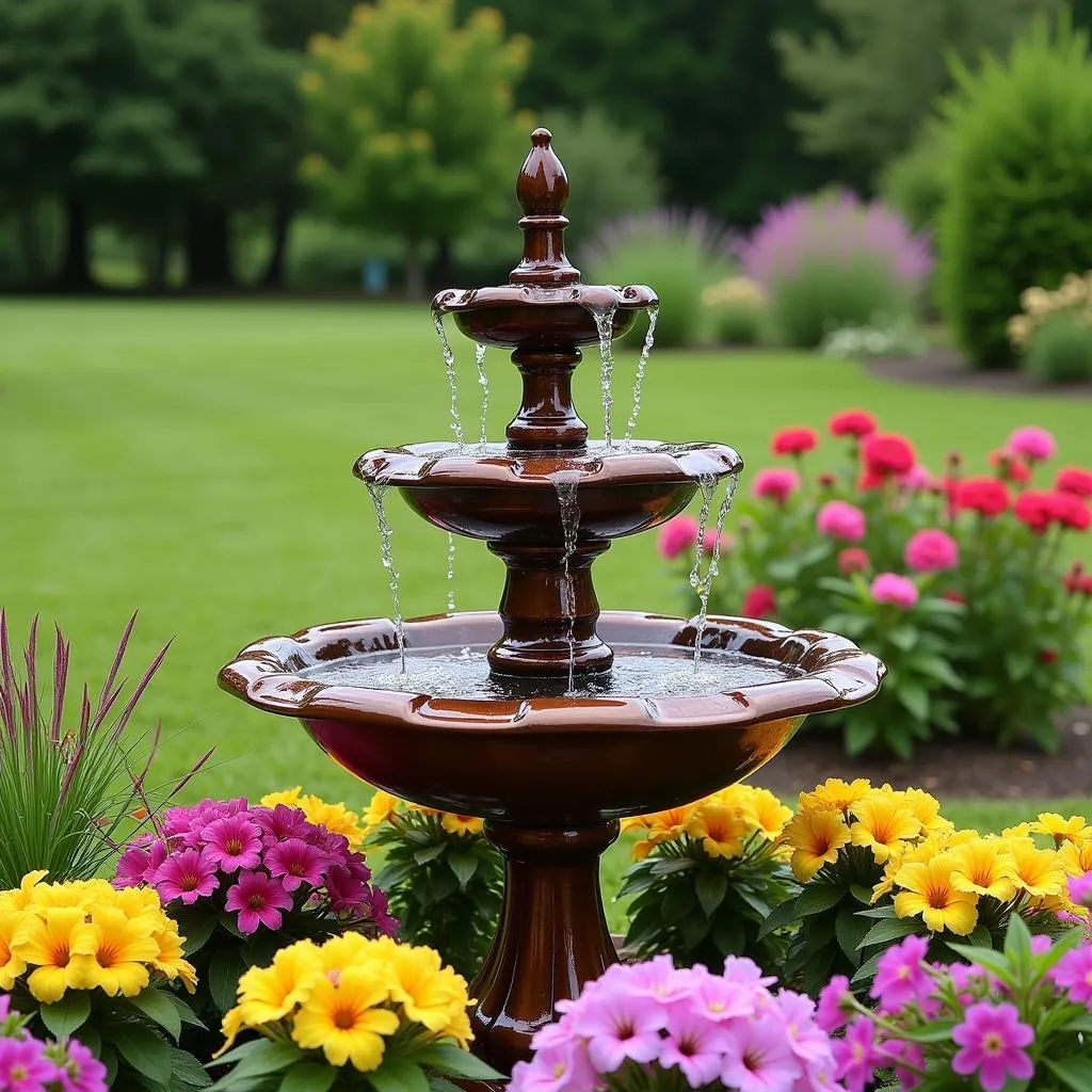 Copper water fountain in a garden