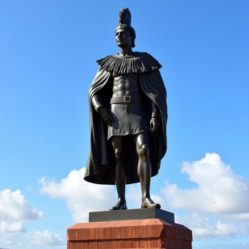 King Kamehameha I stands tall on a pedestal made from koa wood