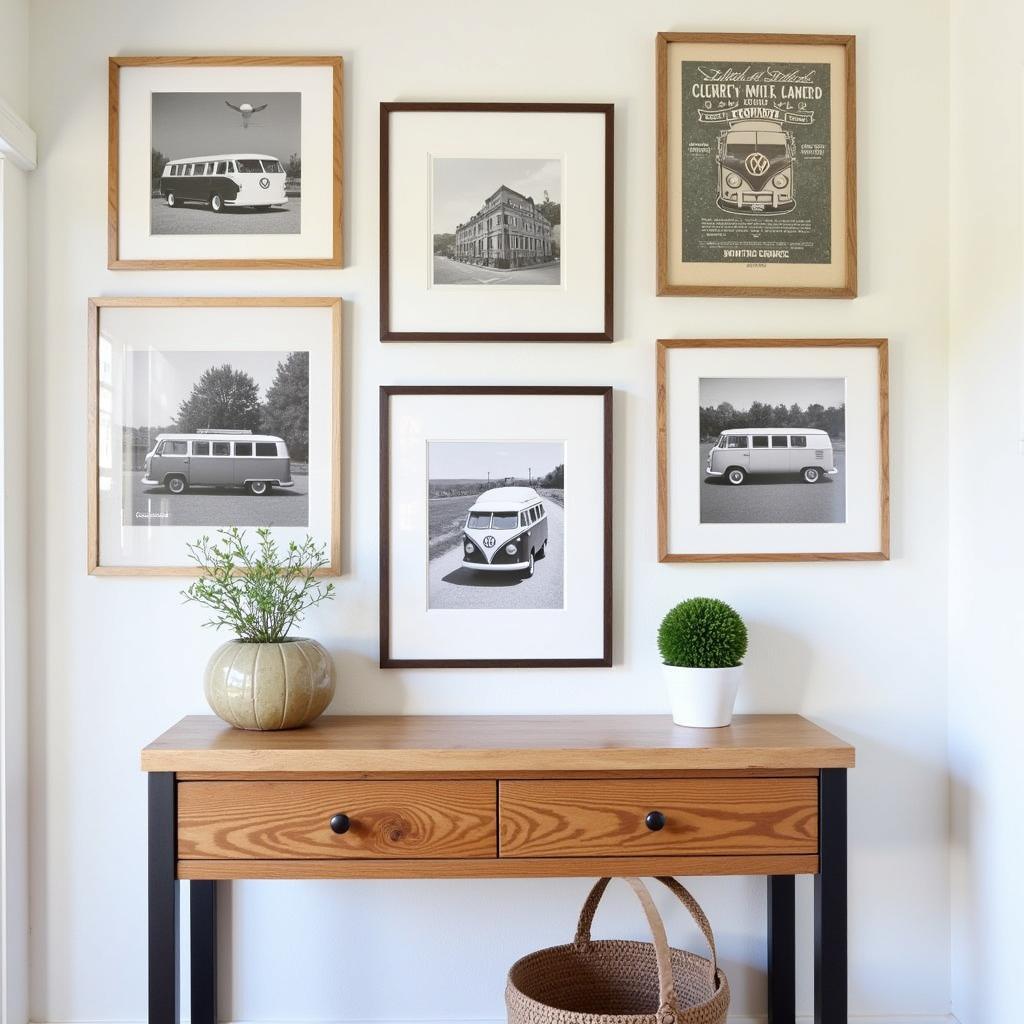 A VW bus-themed gallery wall adds a touch of wanderlust to a hallway