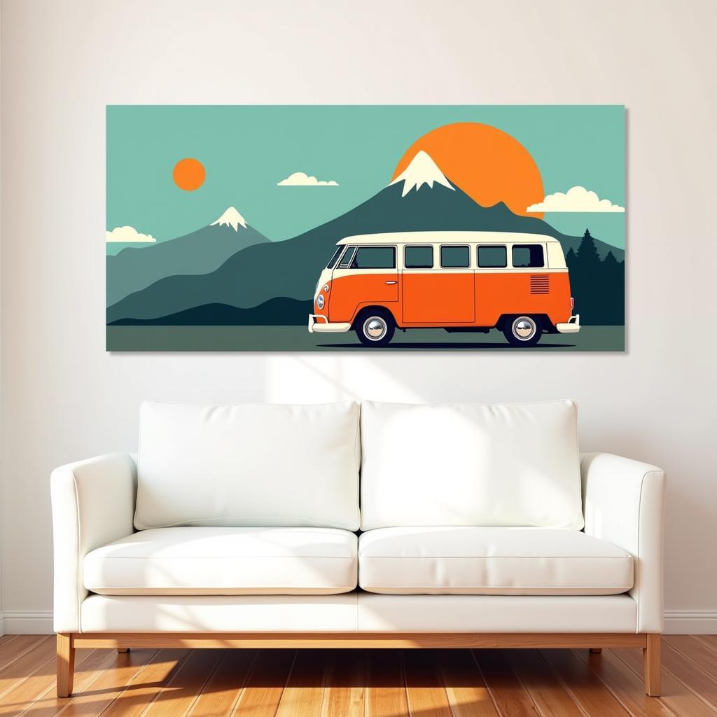 VW bus wall art adds a pop of color and adventure to a minimalist living room