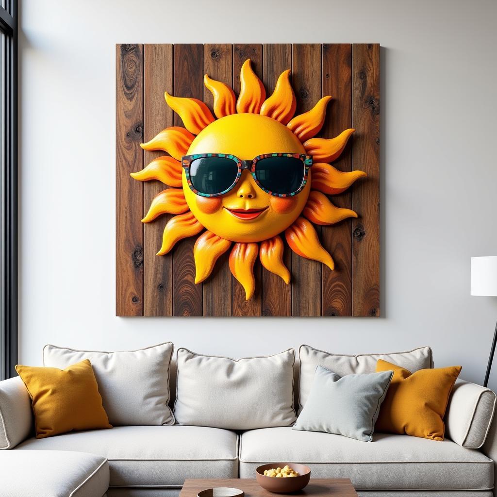 Wacky sun metal wall art in a living room setting