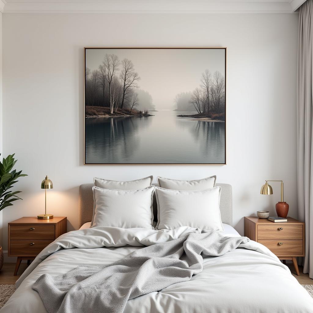 Wall art placement above bed in couple's bedroom