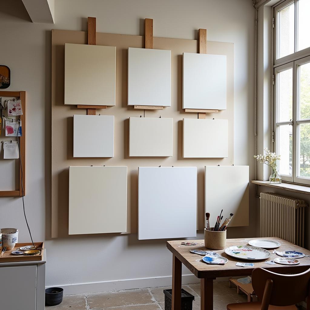 Artist studio with a wall mounted drying rack