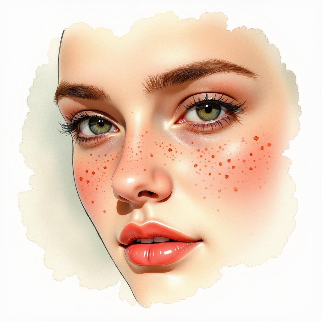 Watercolor painting of a face with prominent freckles