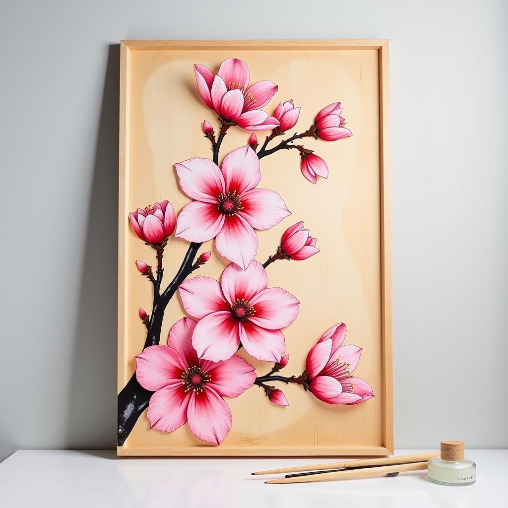 Vibrant Watercolor Painting of Cherry Blossoms on a Shikishi Board