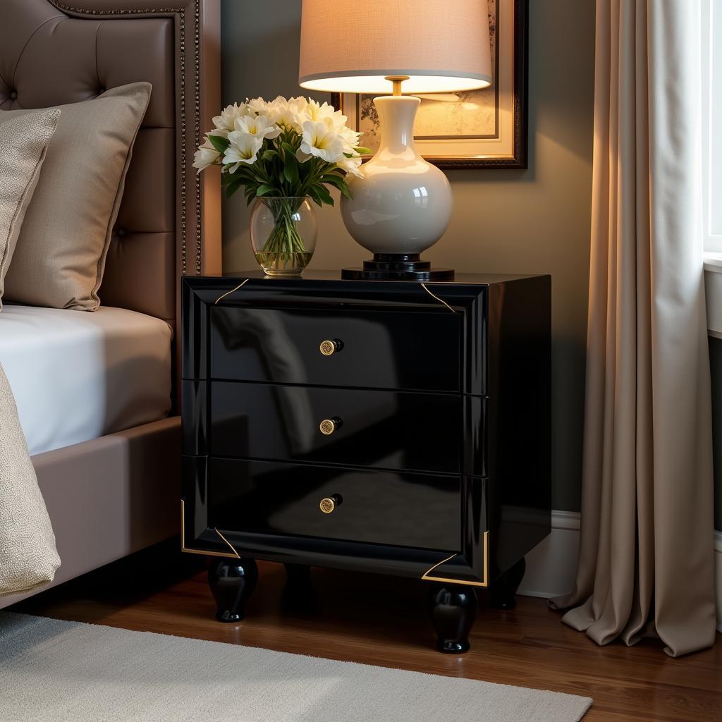 Art Deco Nightstand with a Black Lacquer Finish and Gold Accents