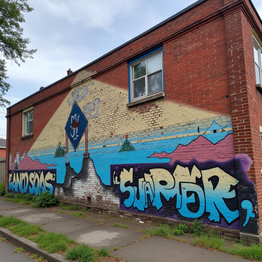 Faded mural on a brick wall showing the effects of time