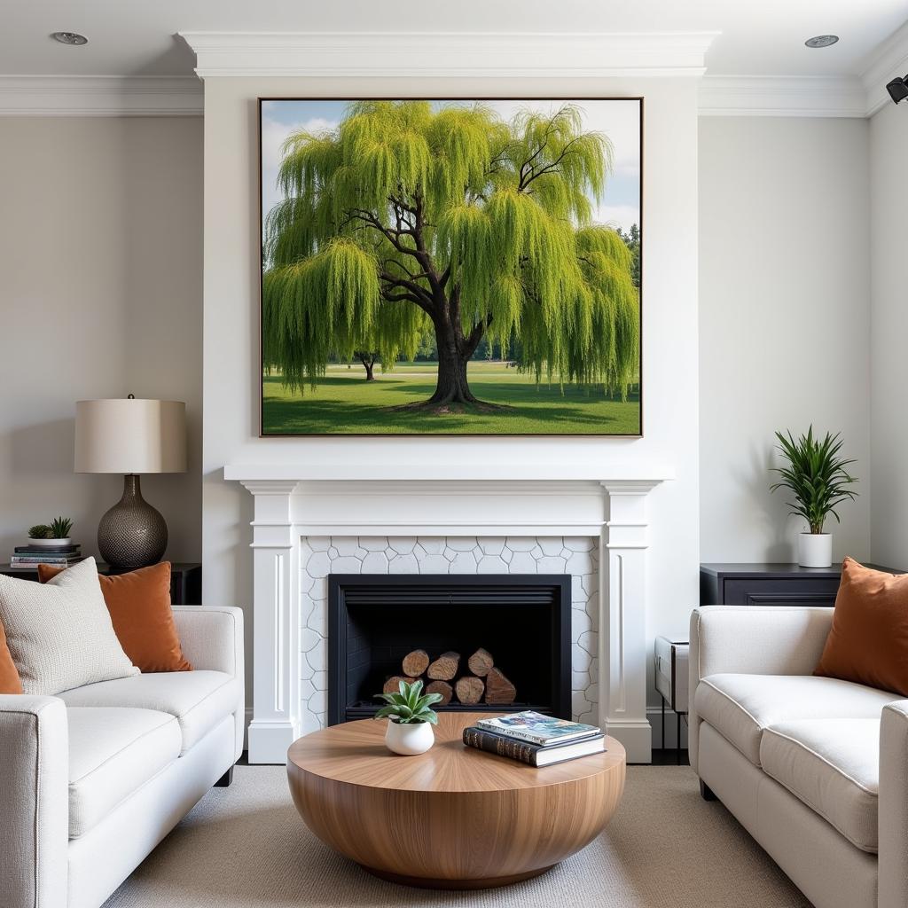 Weeping willow wall art displayed above a fireplace in a modern living room