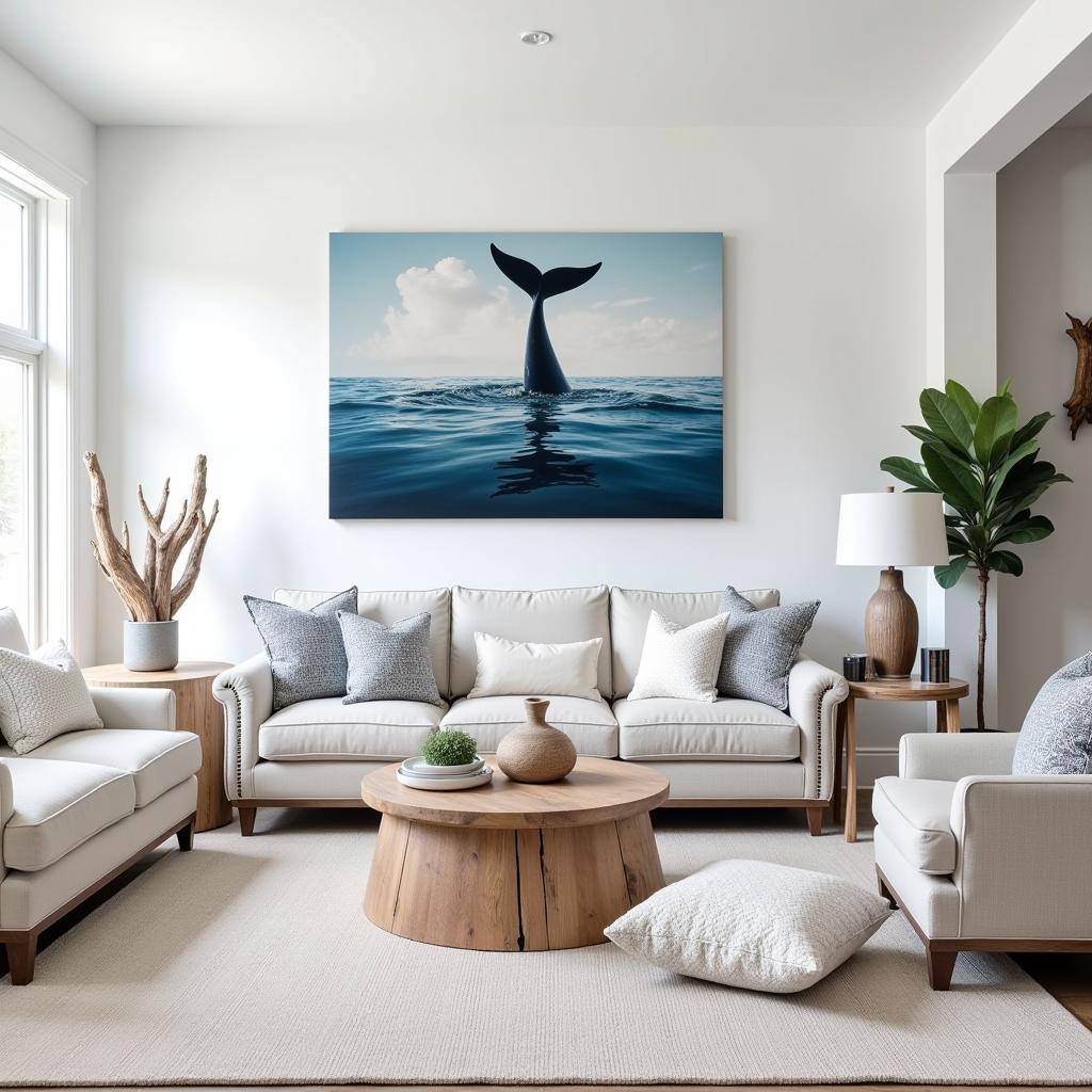 Whale Tail Wall Art in a Coastal-Themed Living Room