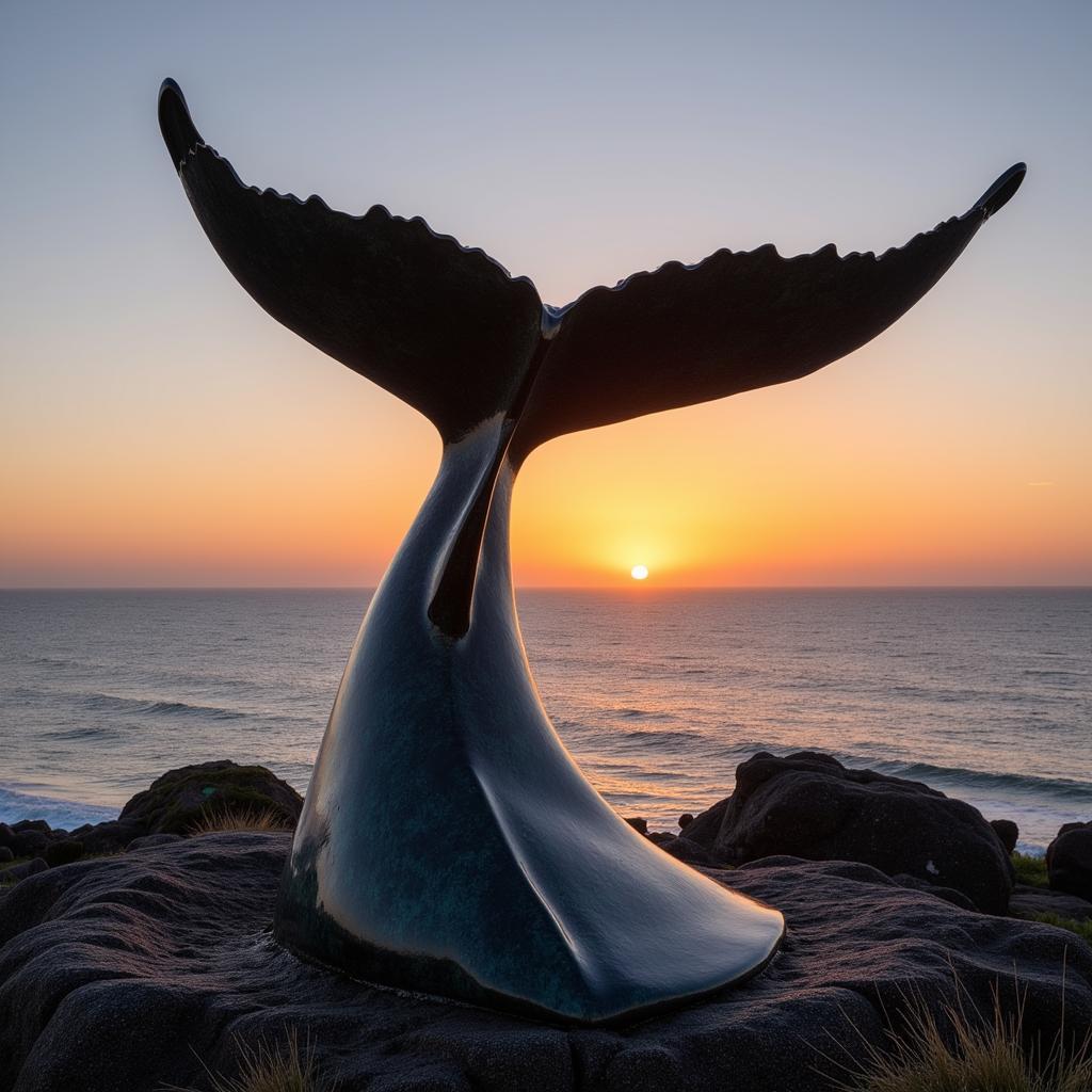 Bronze Whale Tail Sculpture against Ocean Sunset