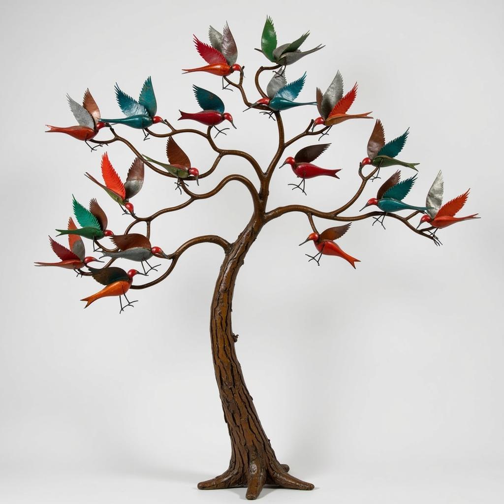 Whimsical Metal Garden Sculpture of Colorful Birds on a Tree