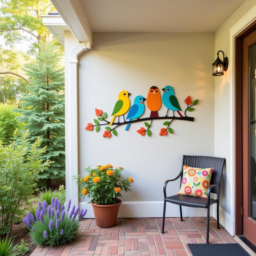 Whimsical metal wall art on a patio