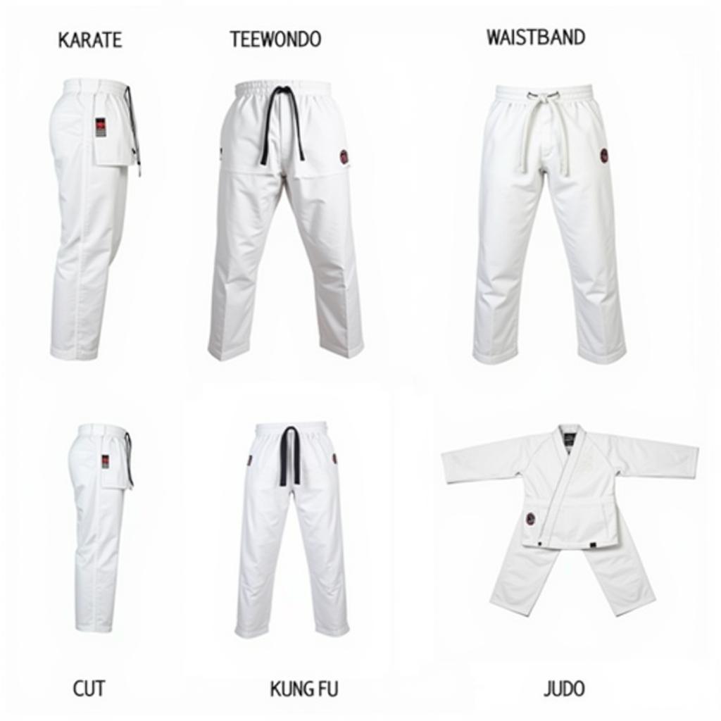 Different styles of white martial arts pants