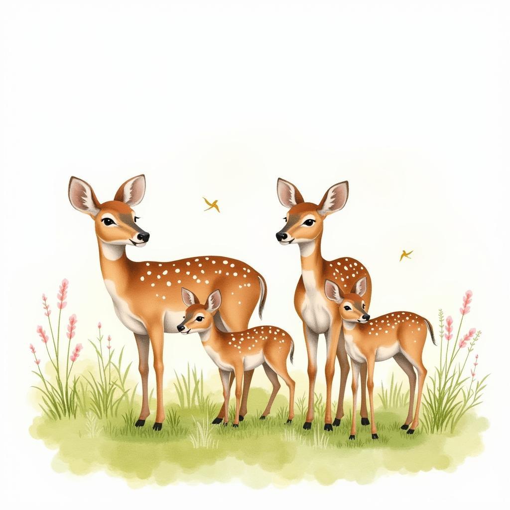 Whitetail Deer Family Watercolor Painting