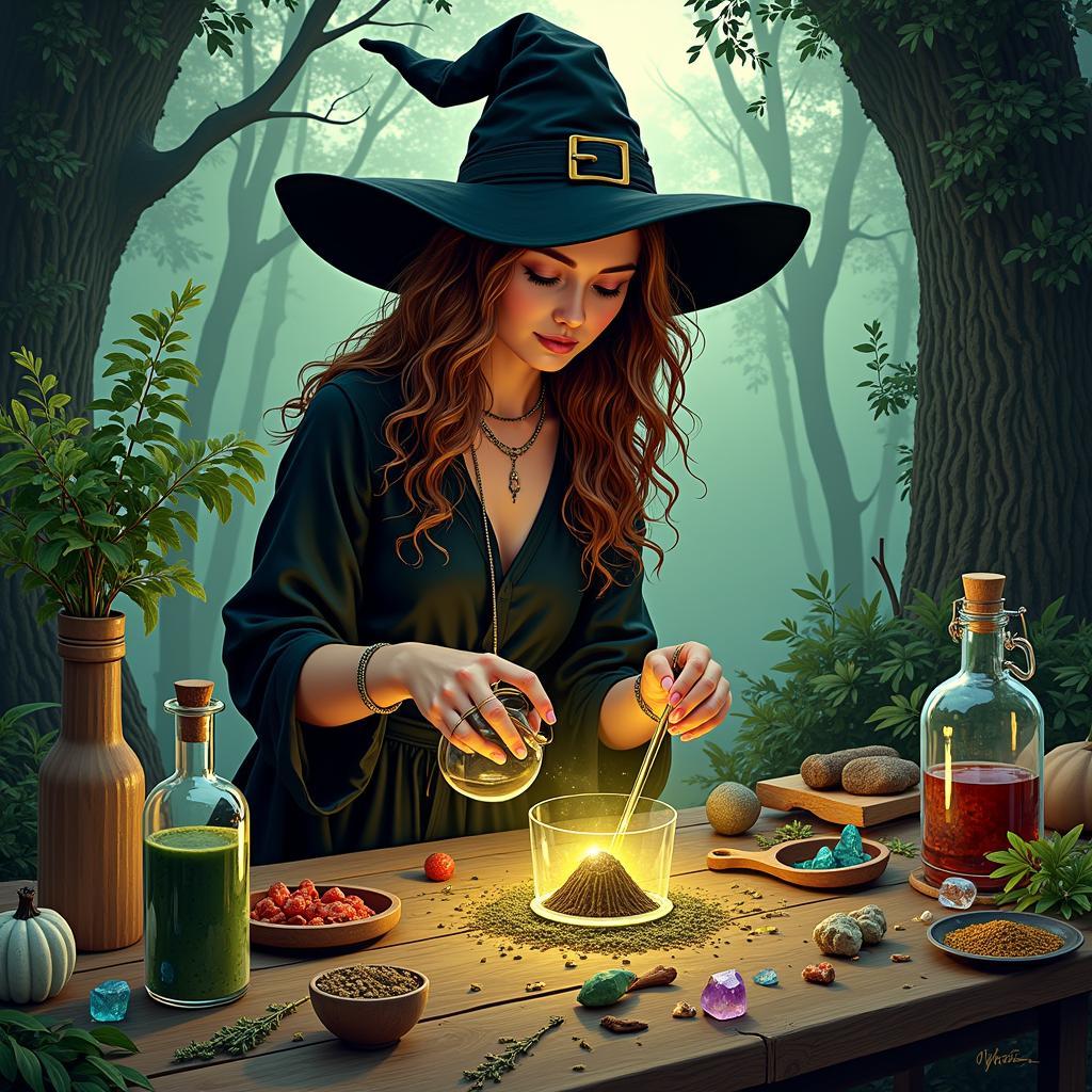 Witch Crafting Potions with Herbs and Crystals