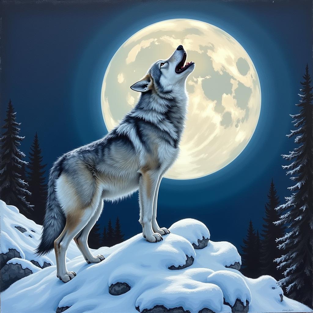 Painting of a wolf howling at a full moon