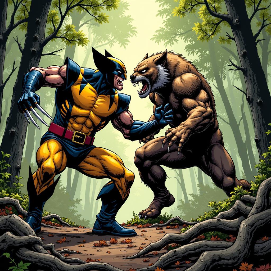 Wolverine and Sabretooth locked in a fierce battle in a dense forest