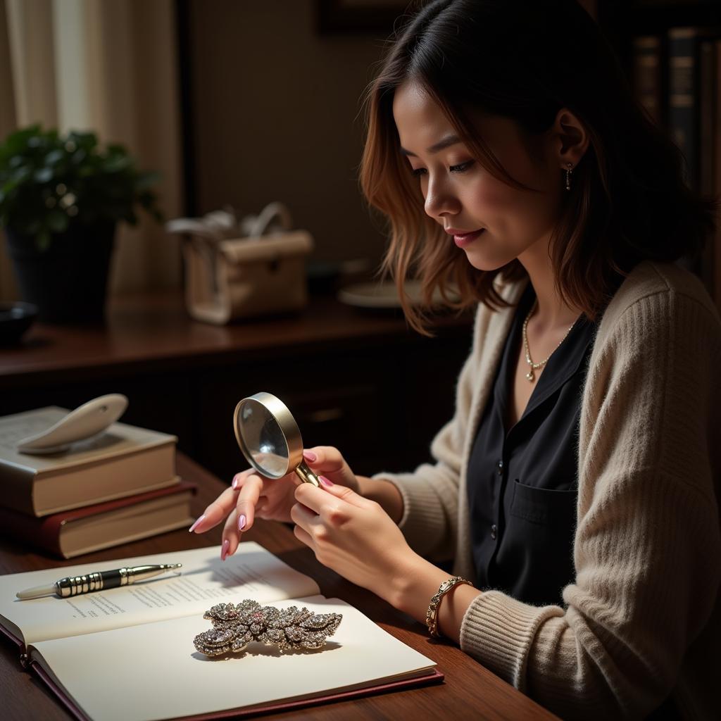 Woman Appraising an Antique Brooch