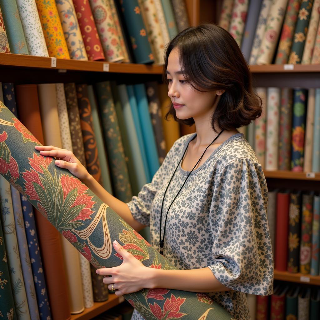 Woman Browsing Art Nouveau Fabric in a Store