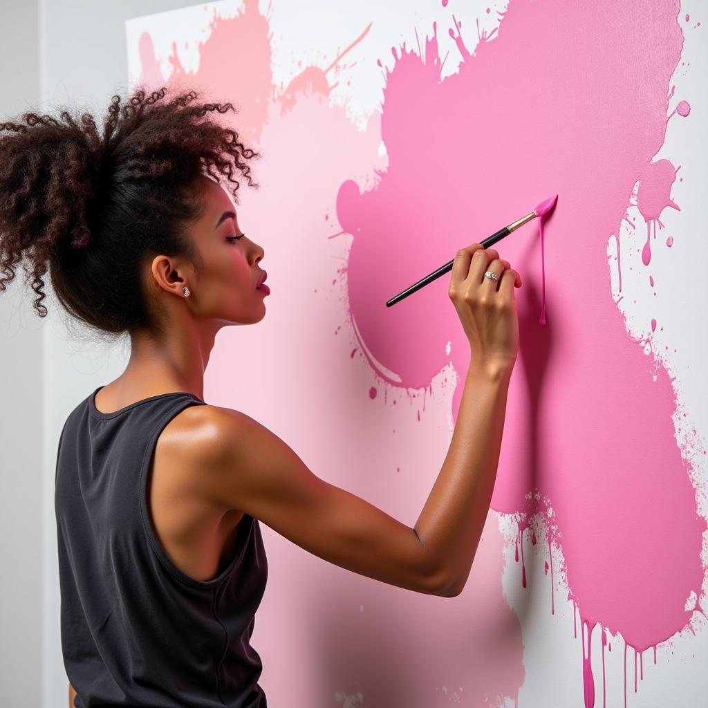 Woman Creating Abstract Art with Pink Paint