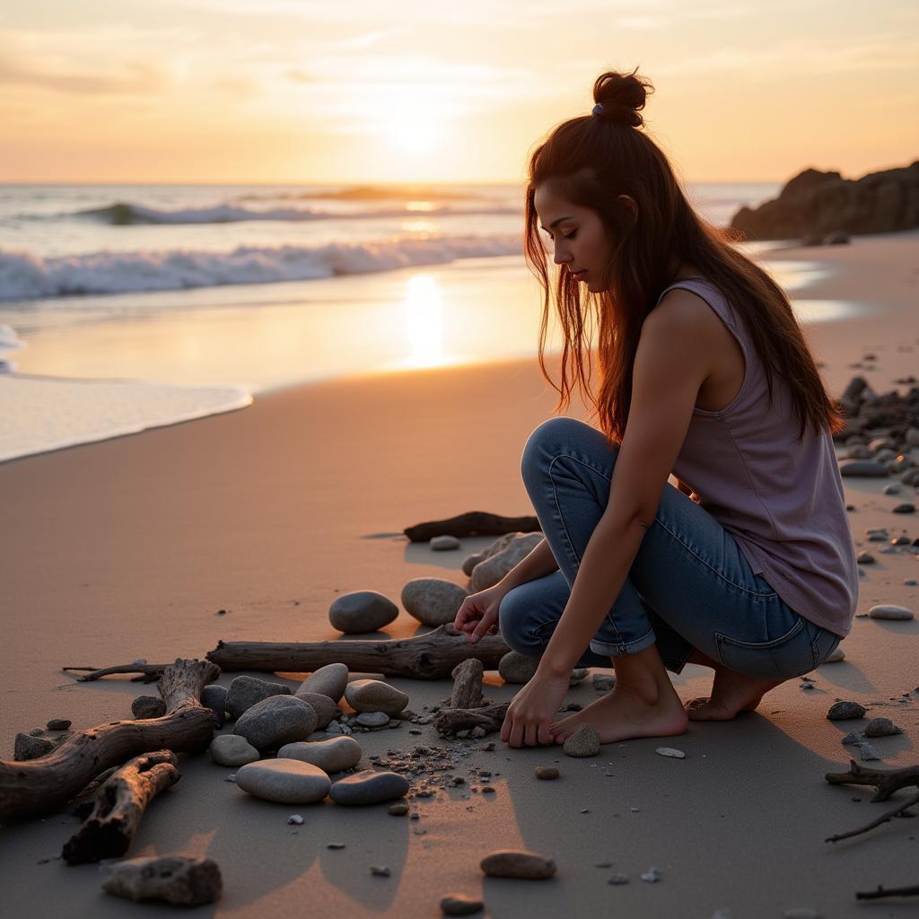 Woman Creating Grounded Art on Beach