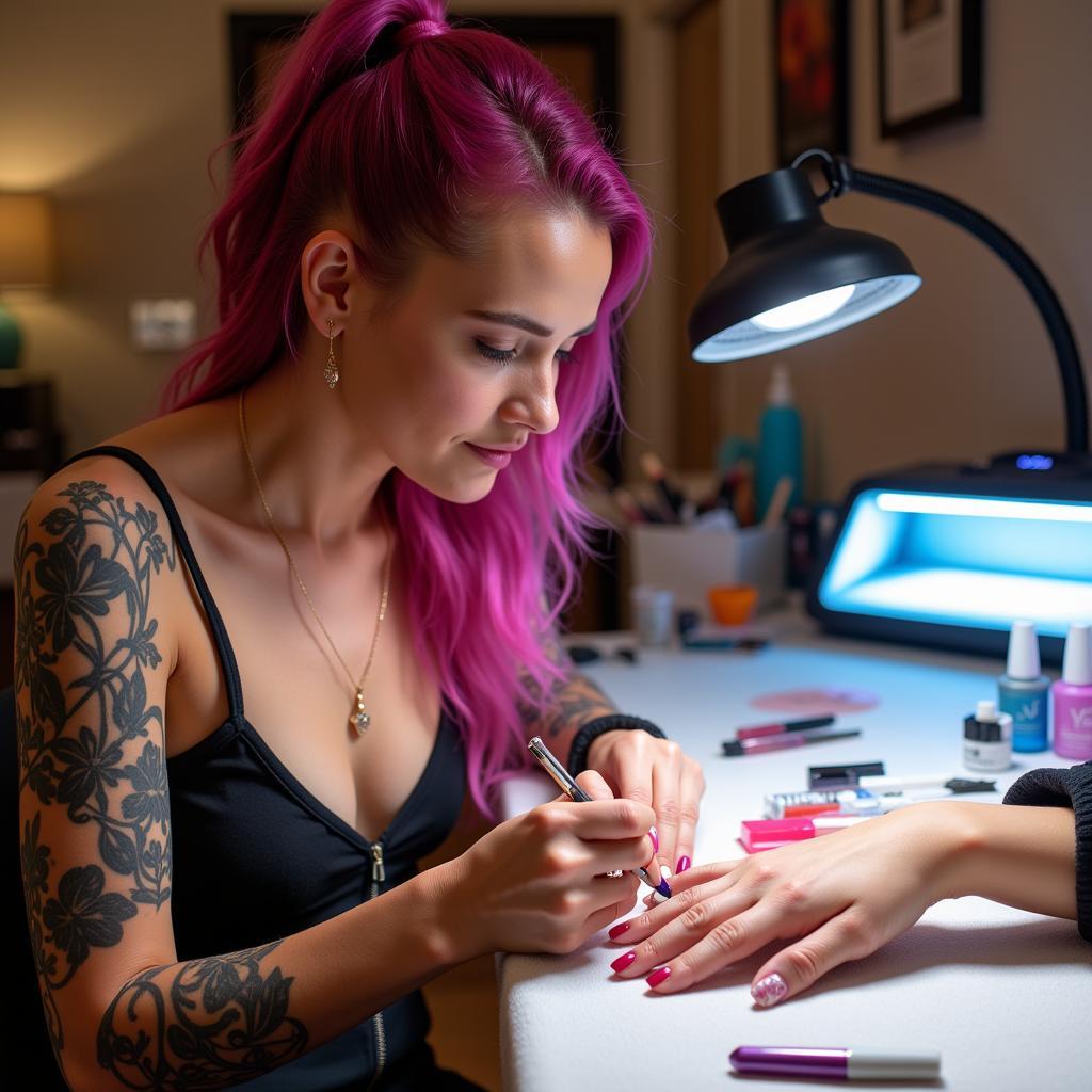 Woman Creating LED-Cured Nail Art