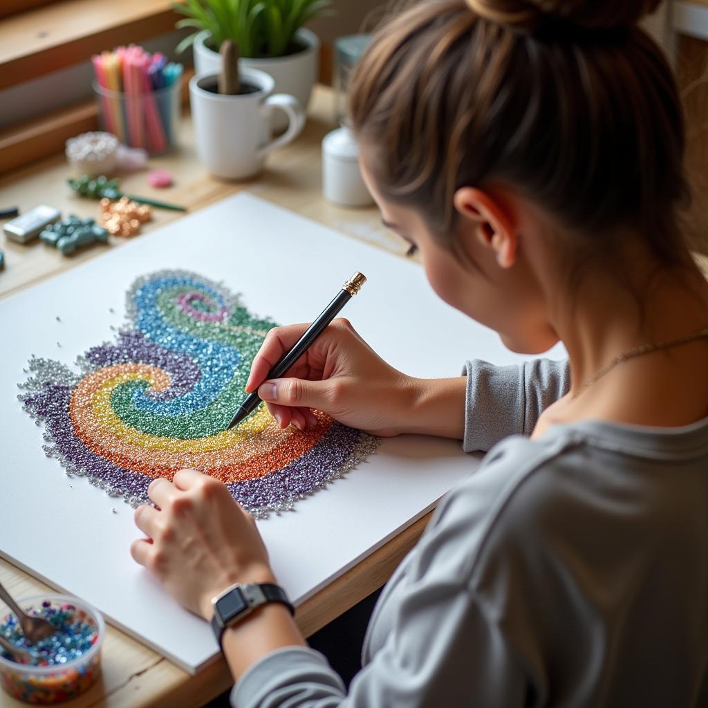 Woman Creating Mystery Diamond Art Painting