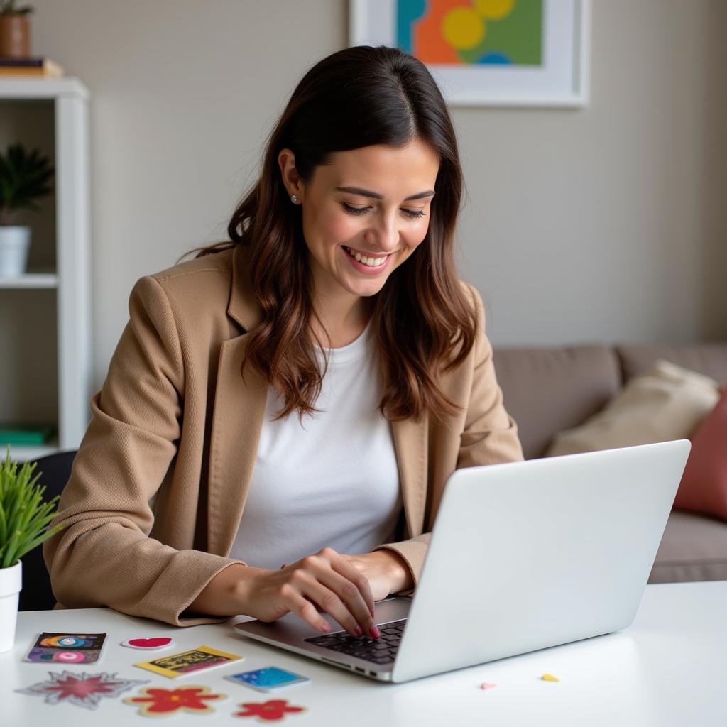 Woman Decorating Laptop with Art Stickers