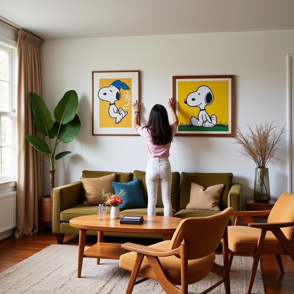 Woman Decorating Living Room with Snoopy Pop Art