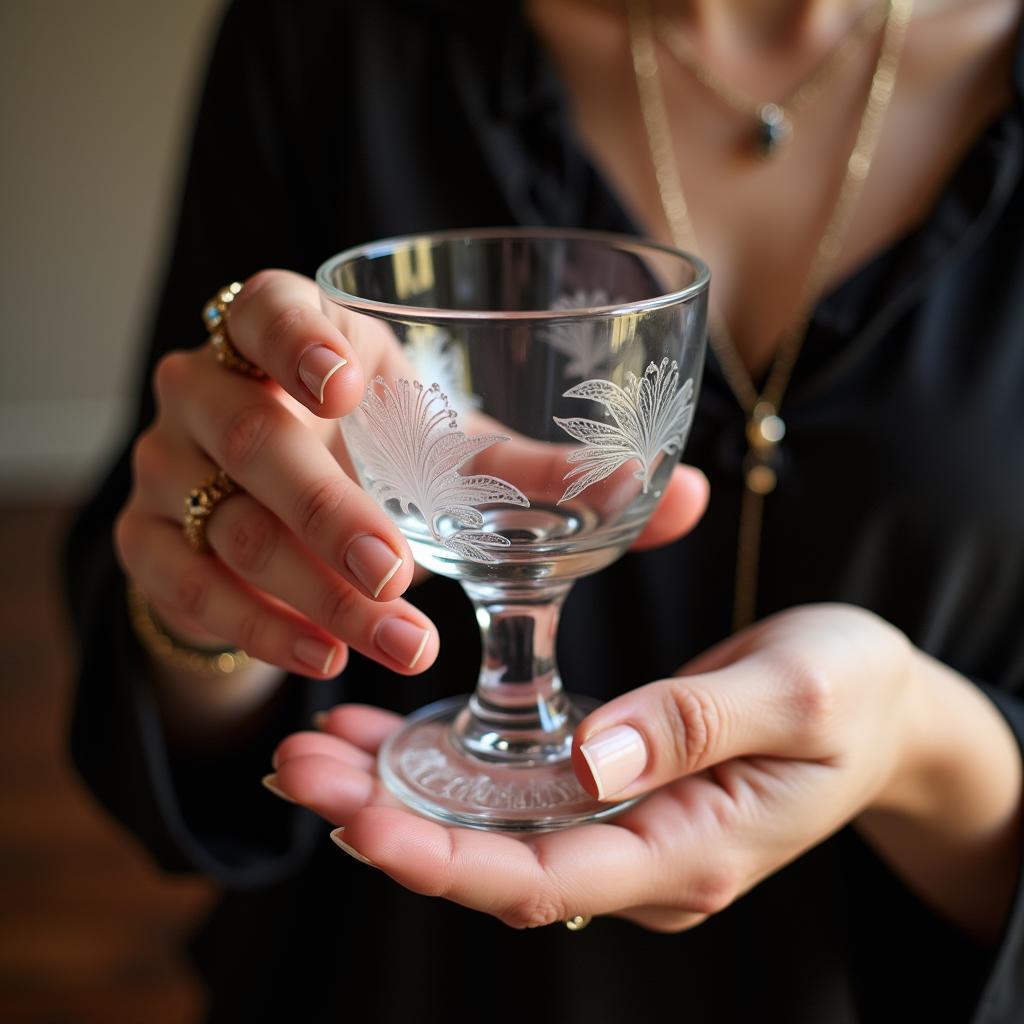 a woman's hand gently holding a vintage etched art deco coupe glass