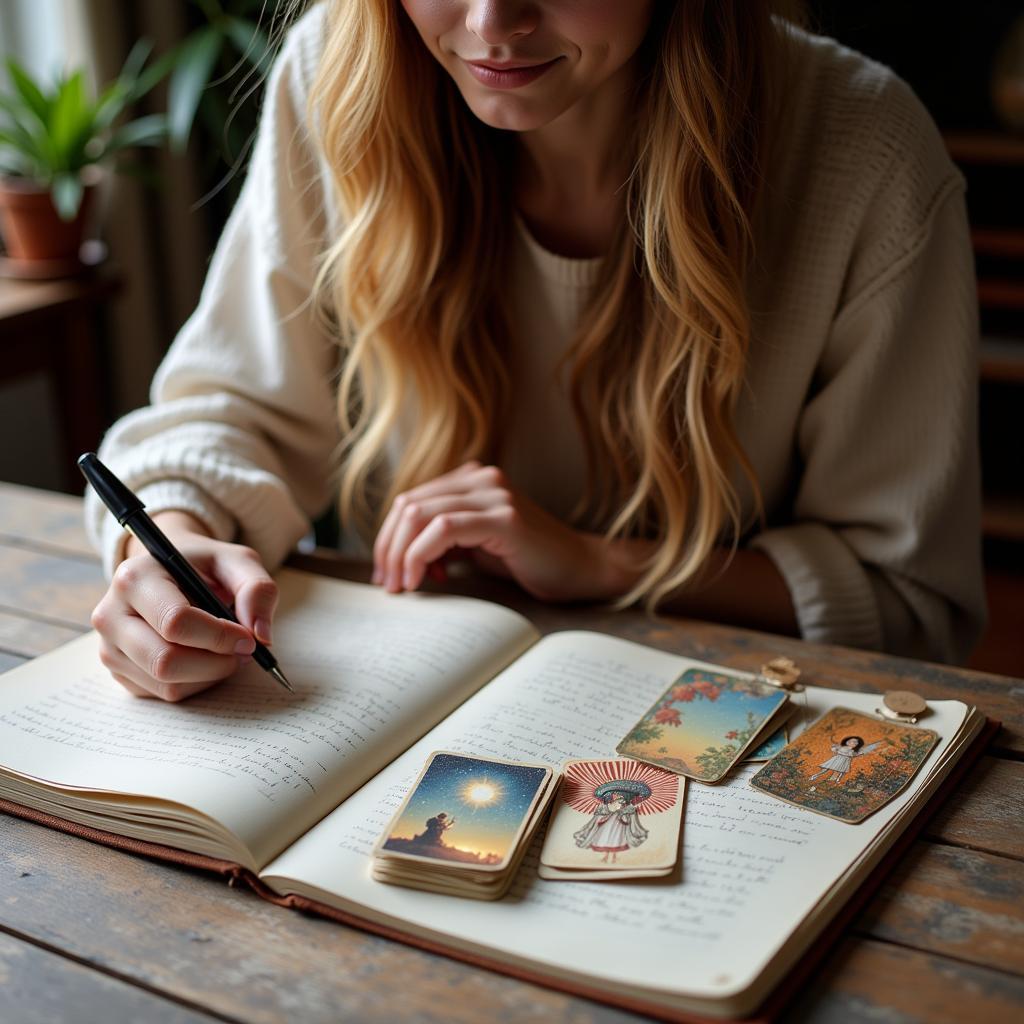 A woman writing in a journal with Art Angels cards beside her