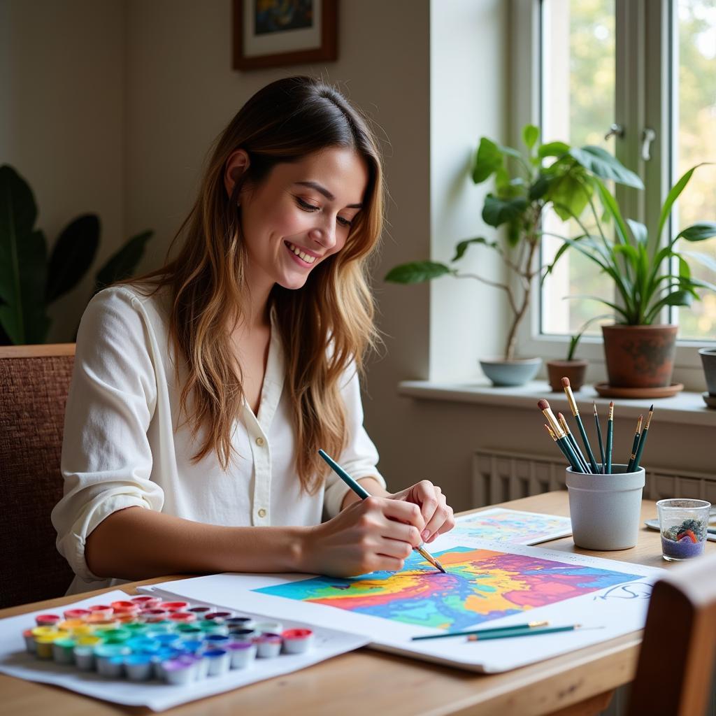 Woman engrossed in painting with a paint by numbers kit