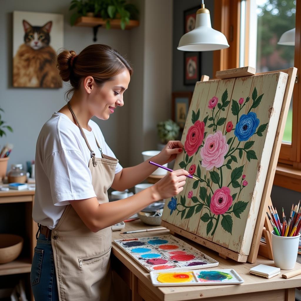 Woman Painting Wooden Wall Art