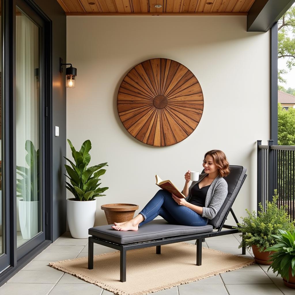 Woman Relaxing on Patio with Wood Wall Art