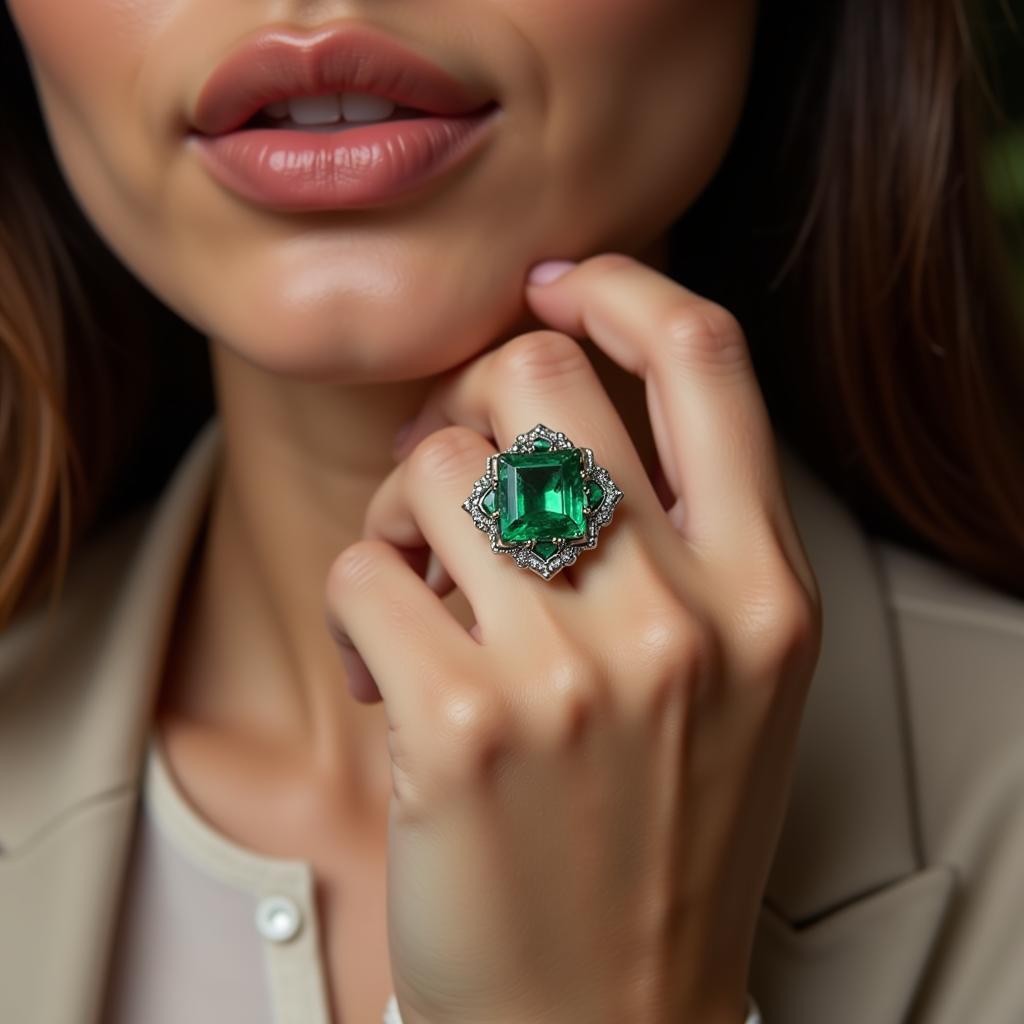 Woman wearing an antique Art Deco emerald ring