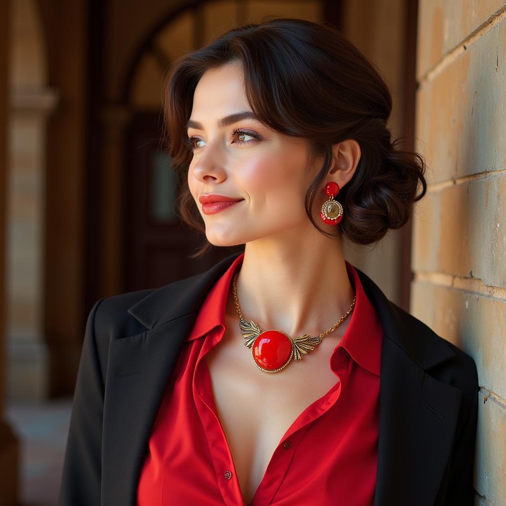  Woman Wearing a Red Art Deco Bakelite Necklace