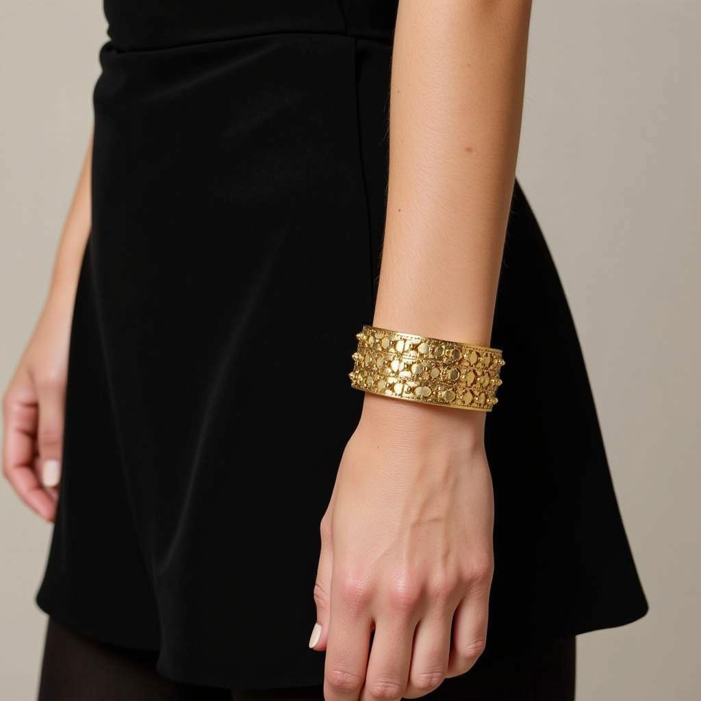 A Woman Wearing an Art Deco Bracelet with a Black Dress