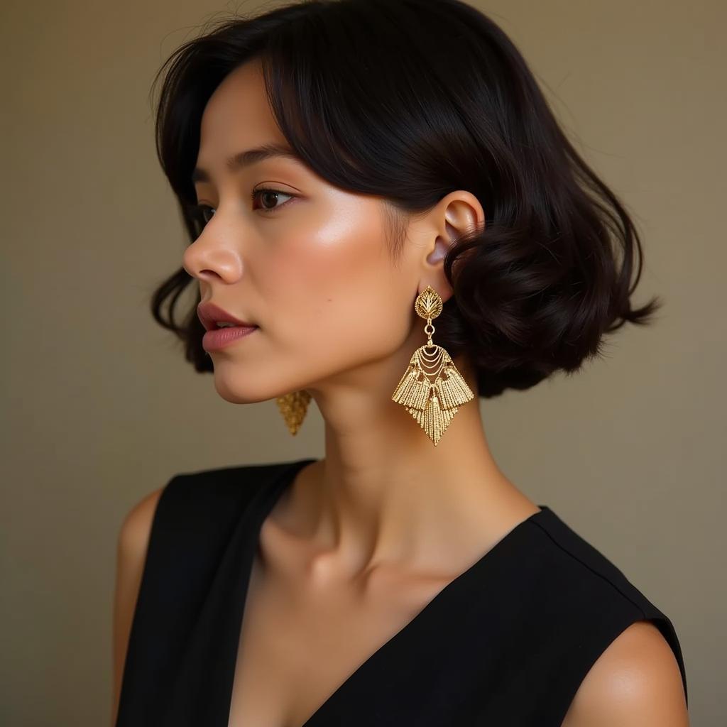 A woman wearing art deco gold earrings with a black dress