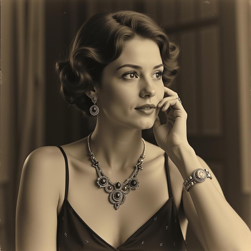 Woman Wearing Art Deco Jewelry