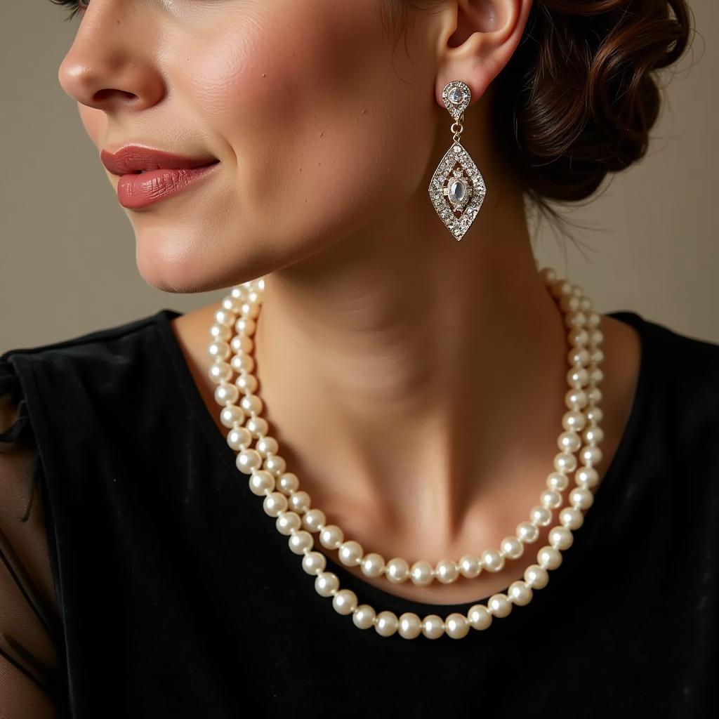 A woman wearing art deco rhinestone earrings with a vintage-inspired outfit