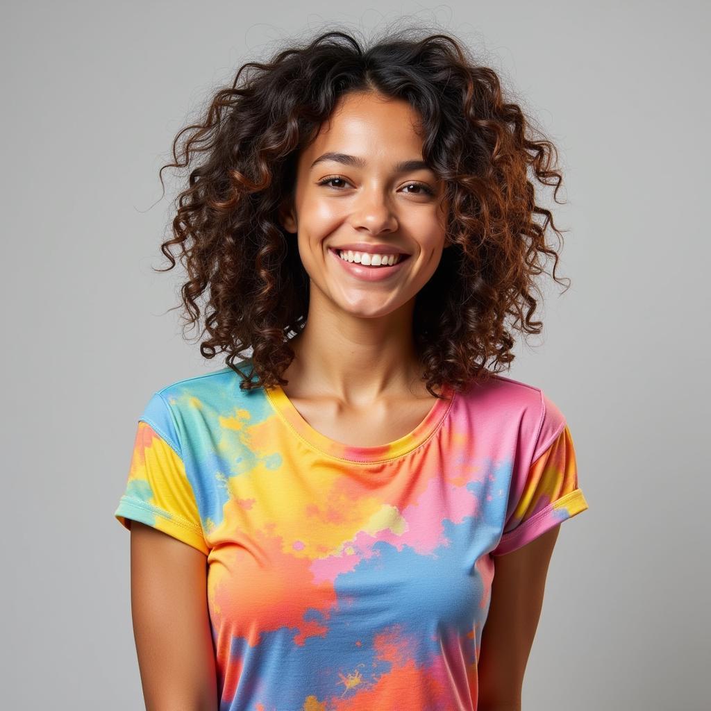 Woman smiling in a colorful abstract art t-shirt