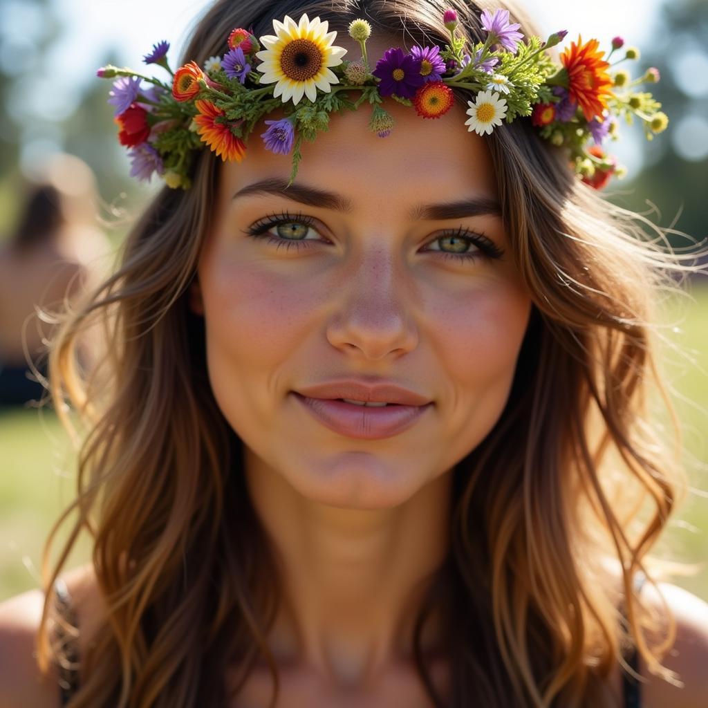 Woman Wearing Floral Crown at Music Festival