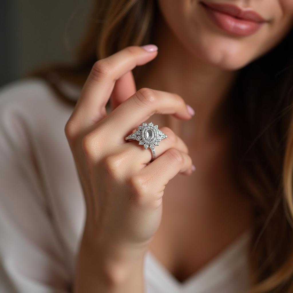 Woman Wearing a Platinum Art Deco Diamond Ring